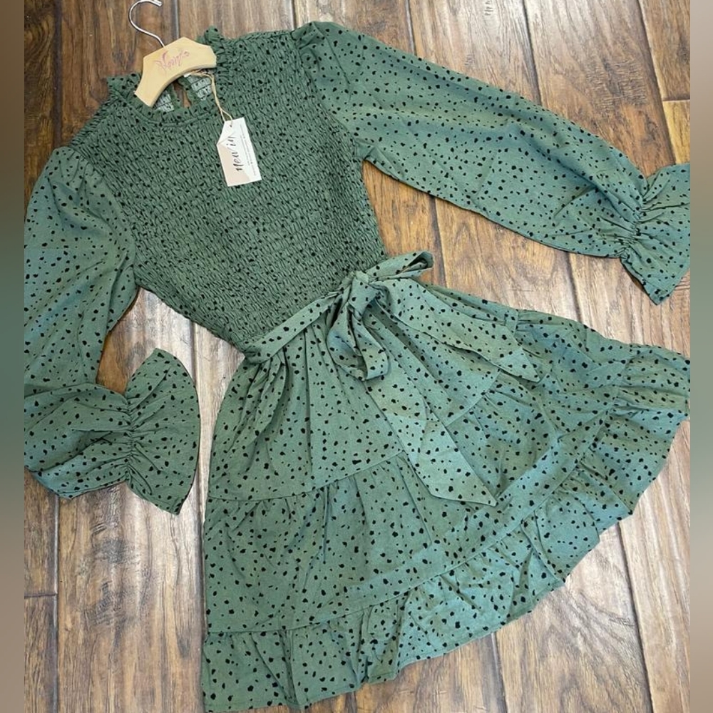 FEW LEFT❗️NEW IN By Very J Olive Ditzy Dots Long Sleeves Short Dress - Picture 5 of 14